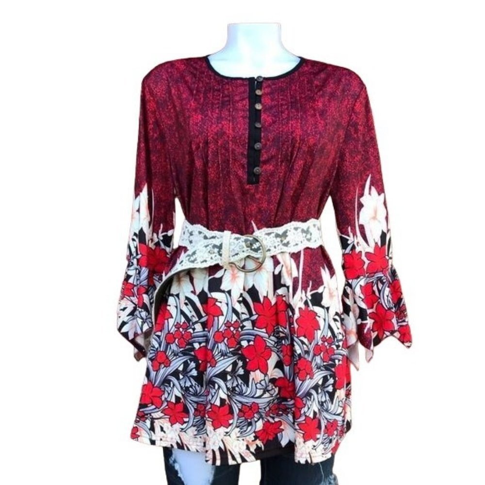 Red Floral 3/4 Sleeve Long Top Shirt Dress Size XL - Picture 1 of 8